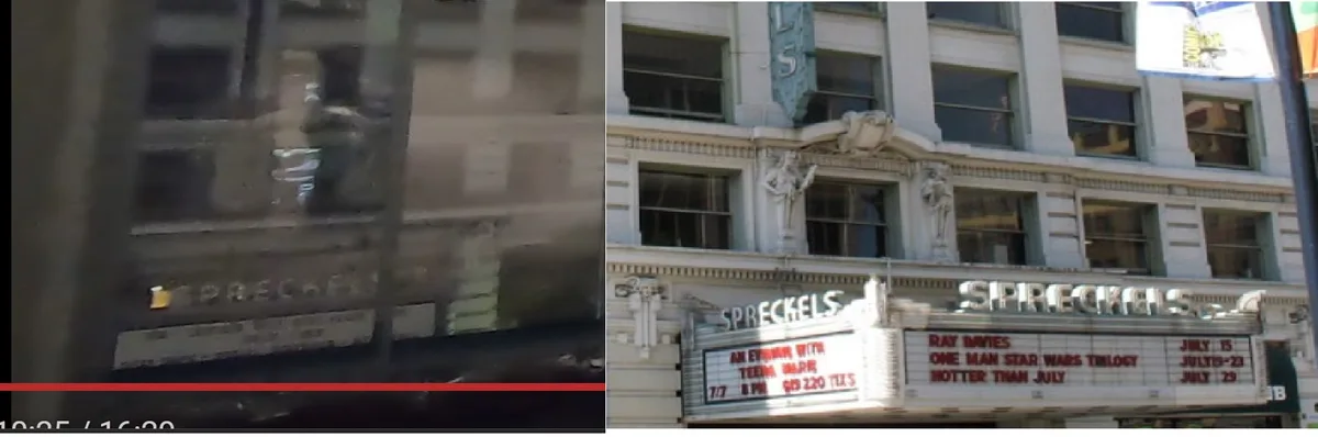 The image shows a split-screen: the left side is a blurry, low-resolution view of a building facade with the word…
