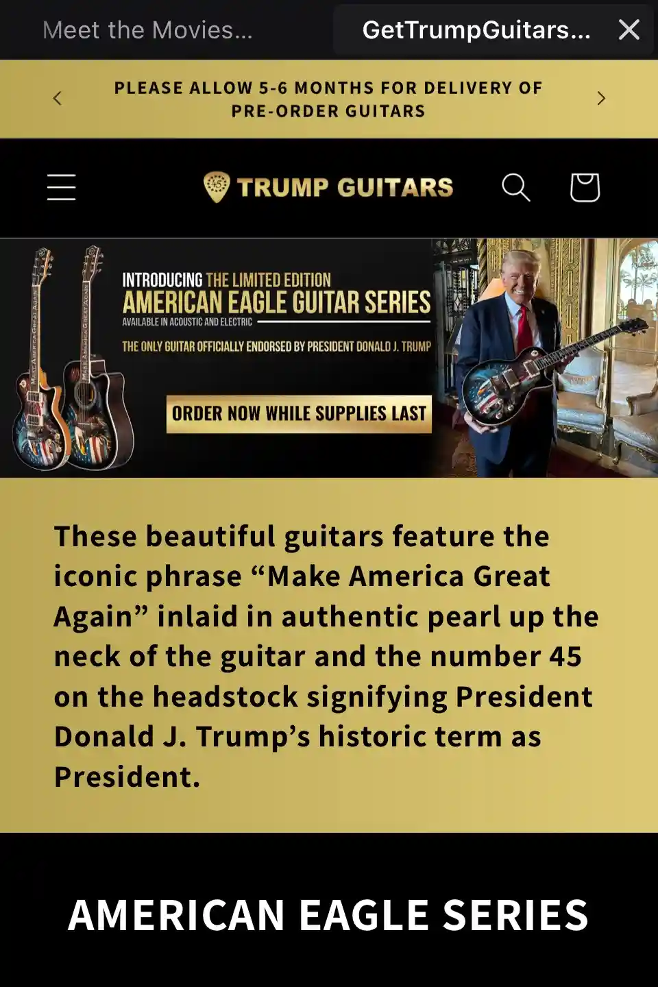 A screenshot of the Trump Guitars website showcasing the 'American Eagle Guitar Series' with images of two guitars and a…