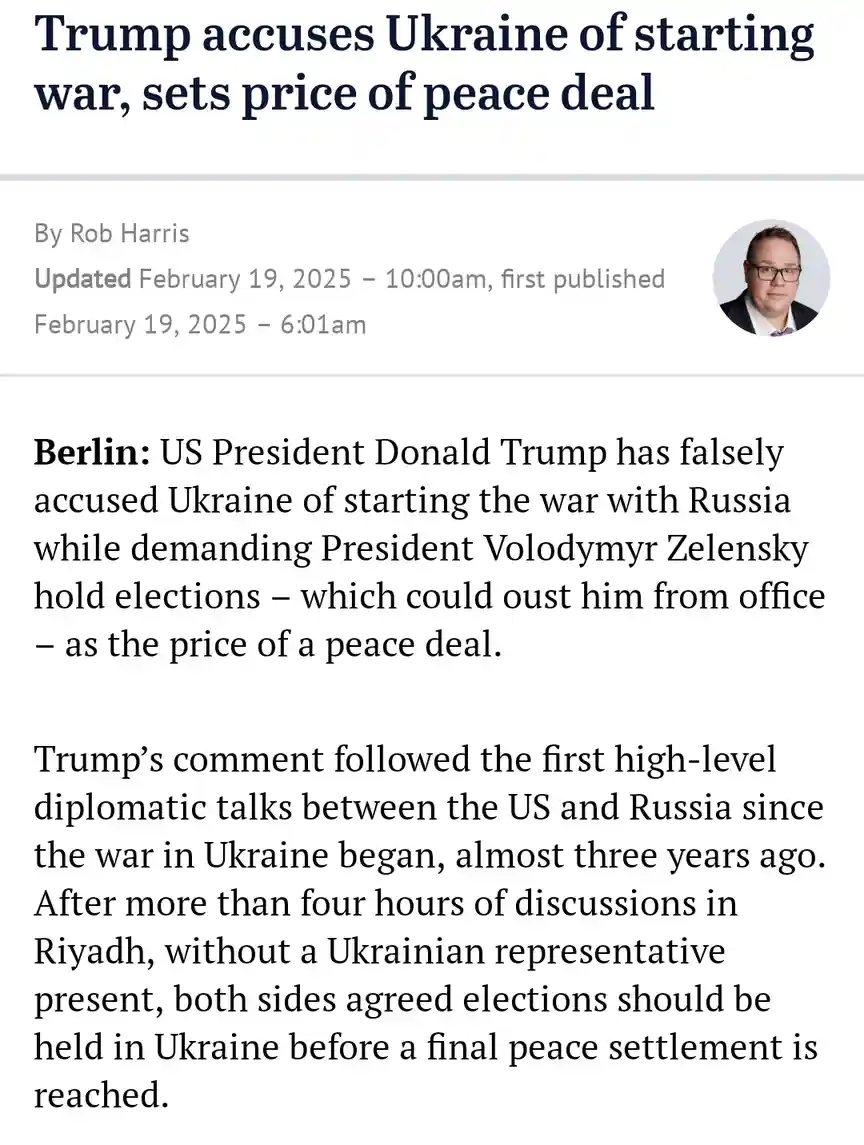 A screenshot of a news article with the headline 'Trump accuses Ukraine of starting war, sets price of peace deal' and…