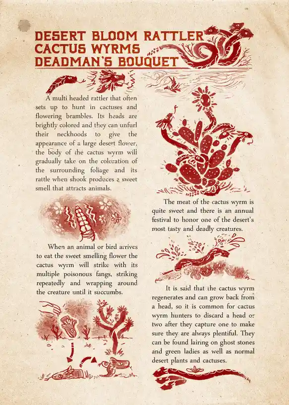 An illustrated field guide page in red ink on aged paper describes a fictional creature called the 'Desert Bloom Rattler' or…