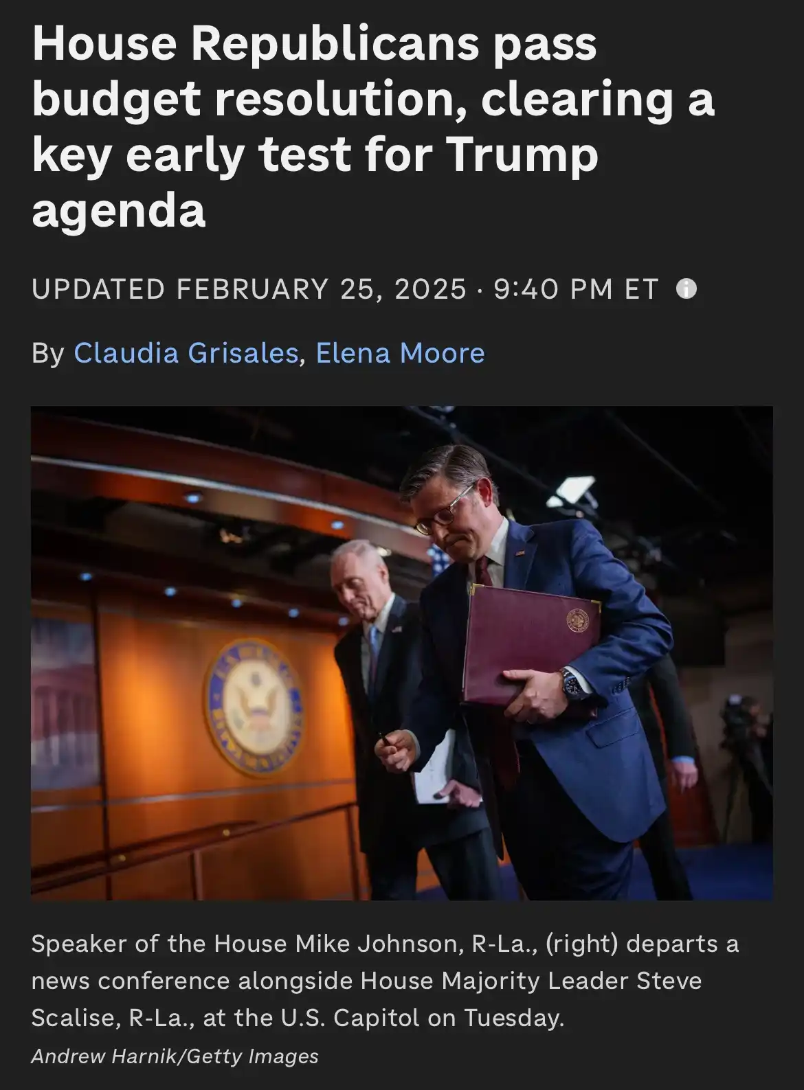 A news article screenshot shows Speaker of the House Mike Johnson walking away from a press conference holding a maroon…