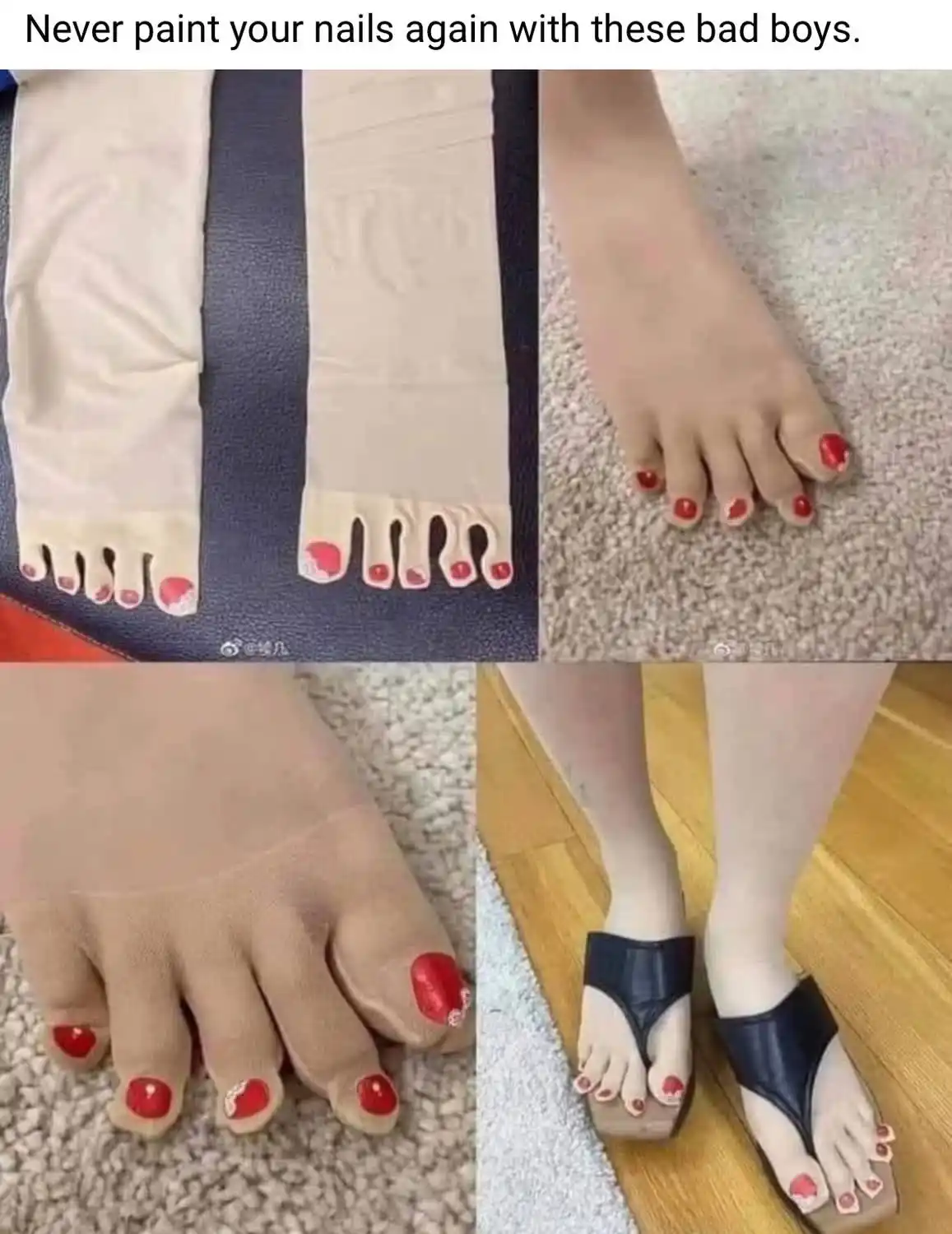 The image is a four-panel collage showing a person's feet with red toenail polish. The top-left panel shows a toe sock with…