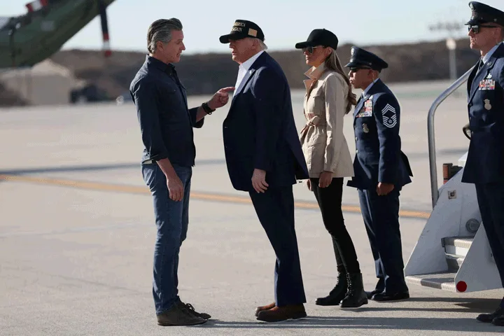 A sequence of photos shows a man in a dark jacket and jeans gesturing and talking to another man in a suit, while a woman in…