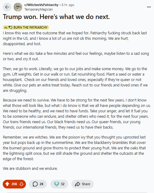 A screenshot of a Reddit post from r/WitchesVsPatriarchy showing a long text message titled 'Trump won. Here's what we do…