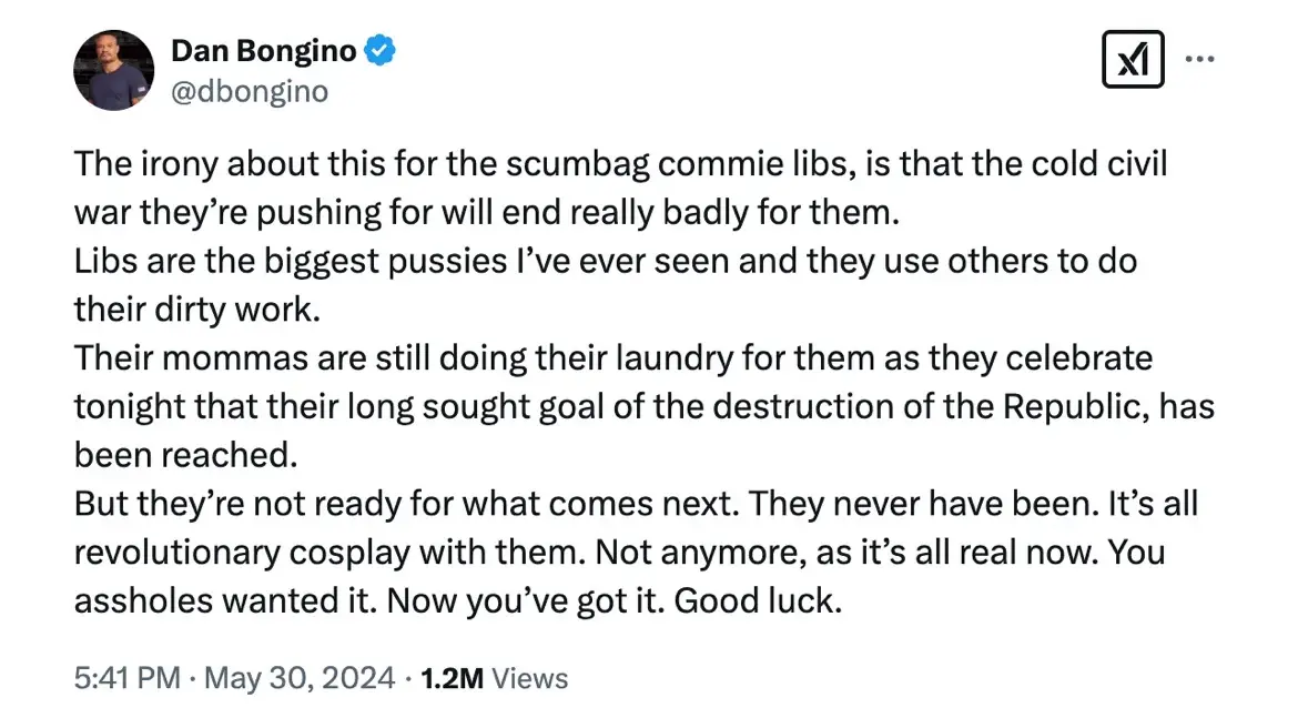 A screenshot of a tweet by Dan Bongino showing his profile picture, verified blue checkmark, and a long block of text…