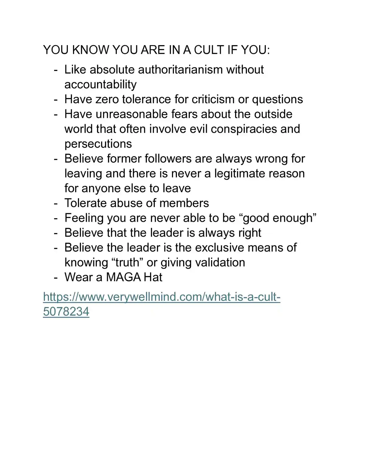 The image displays a white background with black text listing signs of being in a cult, including authoritarianism, zero…
