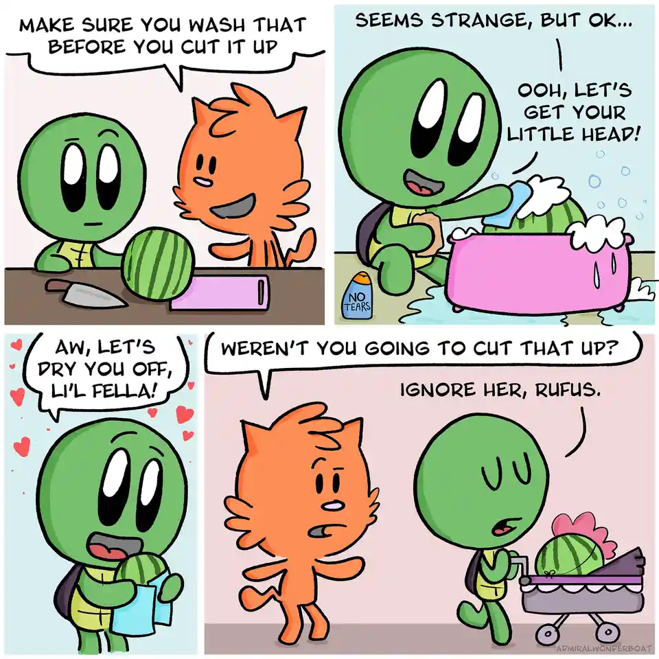A four-panel comic shows two cartoon aliens, one green and one orange, interacting with a watermelon. The orange alien…