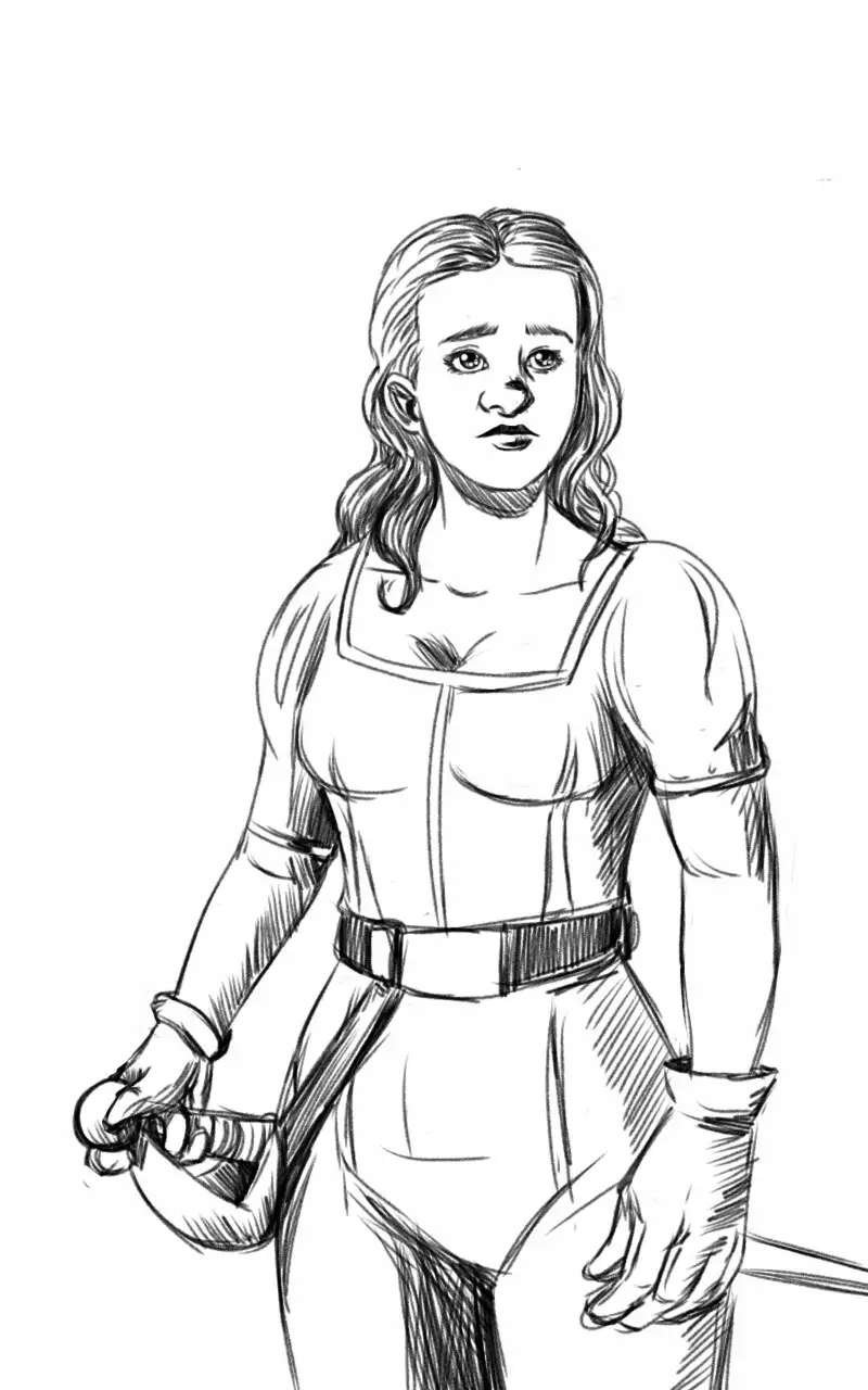 A black-and-white sketch of a woman in a corseted, armored outfit holding a sword, with a look of shock or pain on her face…
