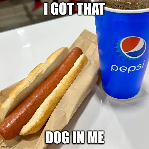 A close-up photo shows a hot dog in a paper wrapper next to a blue Pepsi cup on a white table. White bold text is overlaid…