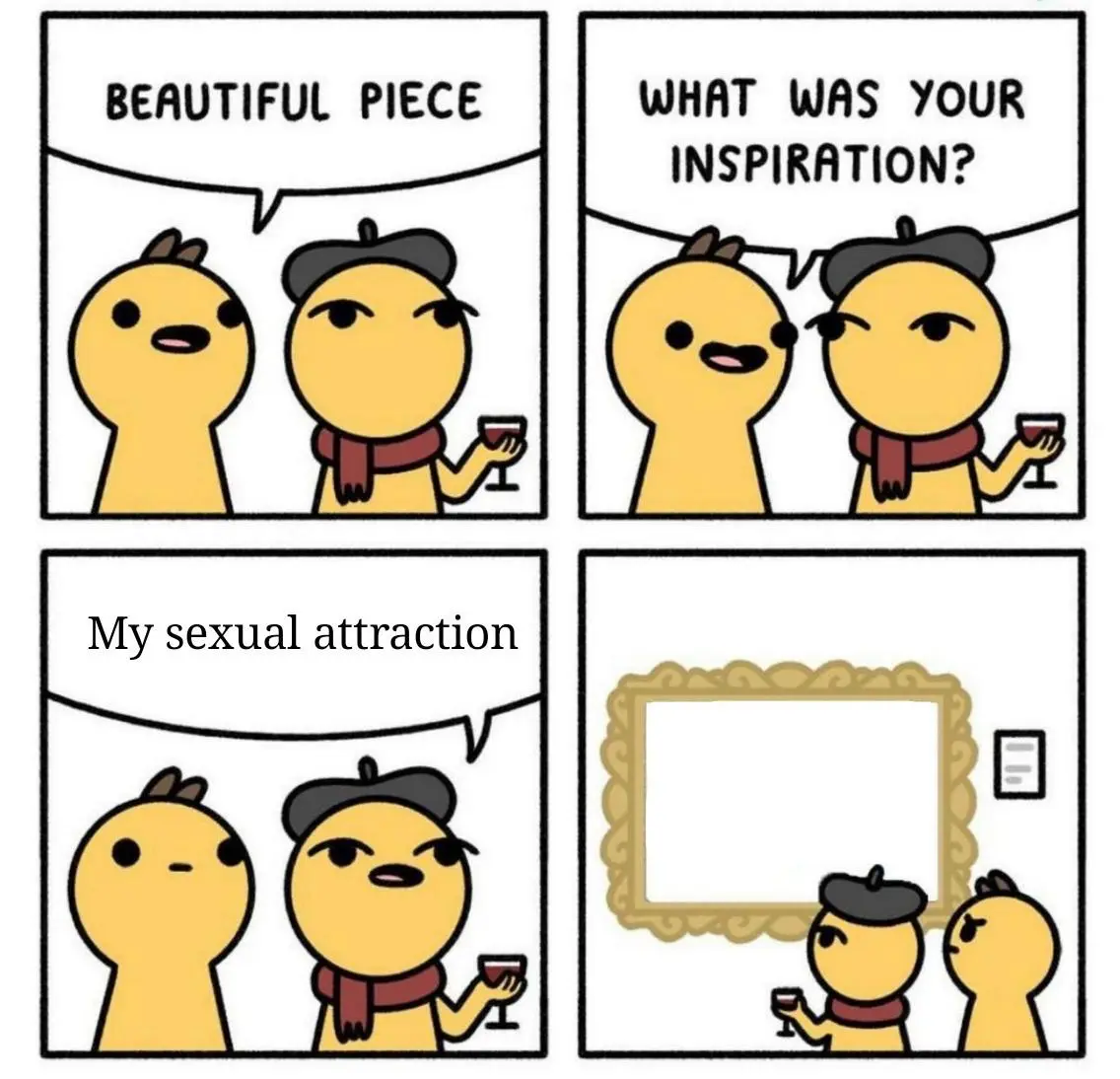 A four-panel comic featuring two yellow cartoon characters in an art gallery. In the first panel, one character praises a…