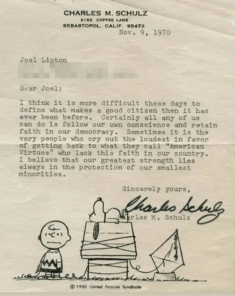 A scanned letter dated November 9, 1970, from Charles M. Schulz to Joel Lipton, discussing civic duty and faith in…