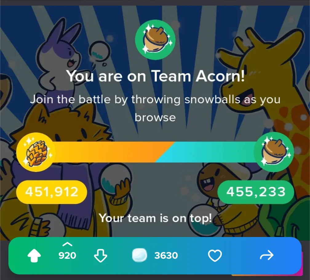 A screenshot from a social media app shows a game interface where users are divided into two teams, 'Team Acorn' and 'Team…