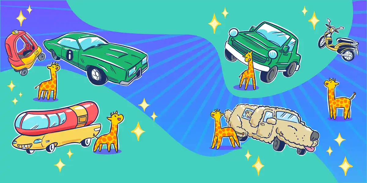 A colorful cartoon illustration shows various vehicles including a green muscle car, a yellow scooter, a dog-shaped car, and…