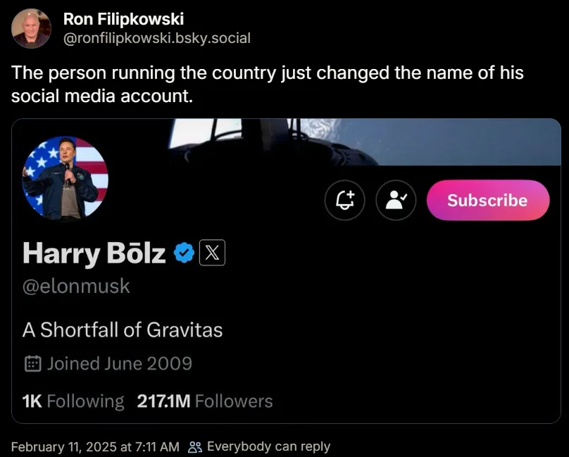 A screenshot of a social media post by Ron Filipkowski showing a mock YouTube channel interface with the name 'Harry Bö lz'…