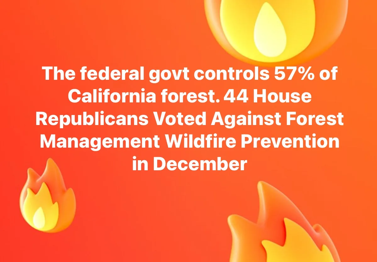 An orange background with three flame emojis, overlaid with white text stating that the federal government controls 57% of…
