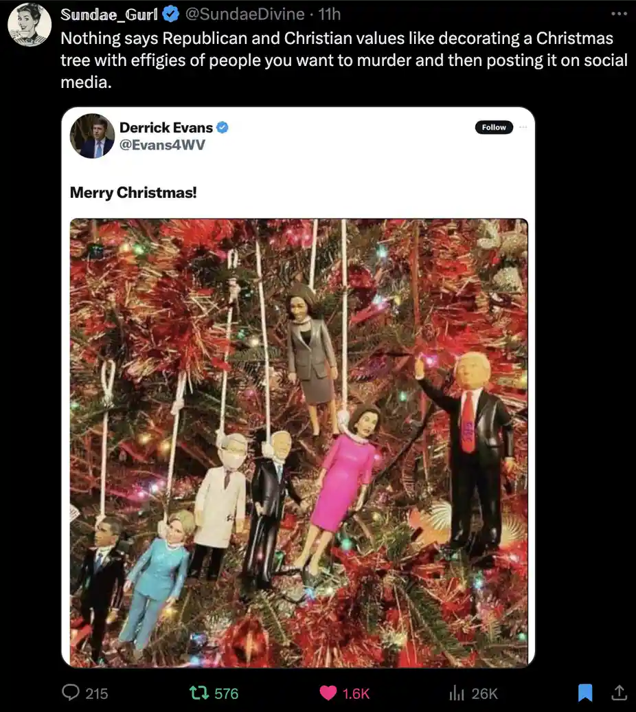 A screenshot of a tweet by Derrick Evans showing a Christmas tree decorated with figurines of political figures, some…