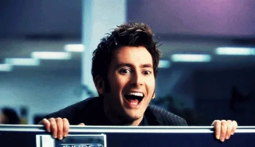 The image shows actor David Tennant in six sequential frames, all depicting him leaning over a railing with an exaggerated…
