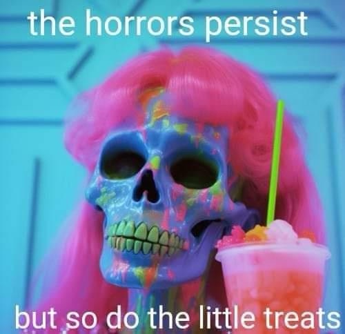 A skull wearing a bright pink wig and colorful paint splatters holds a pink slushie with a green straw. White text at the…