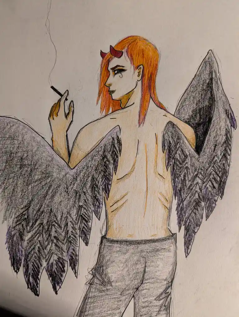 A hand-drawn illustration shows a person with orange hair, small red devil horns, and large black feathered wings, holding a…
