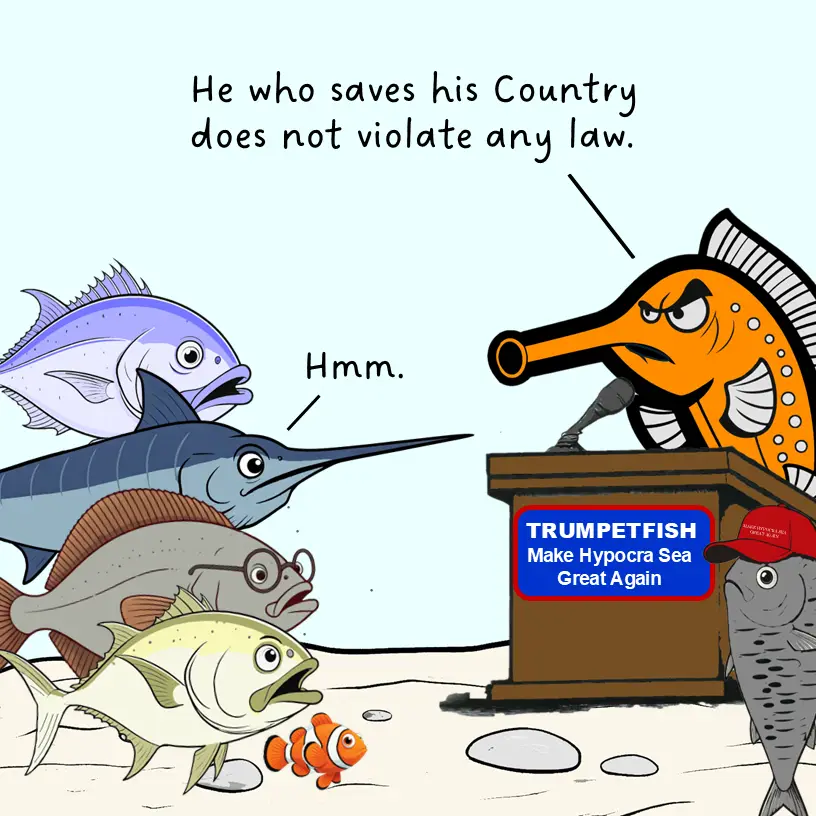 A cartoon depicts an orange trumpetfish wearing a red 'Make America Great Again' style hat, standing at a podium labeled…