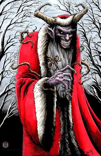 A menacing, horned demon with a purple face, sharp teeth, and clawed hands wears a red and white Santa Claus suit with a…