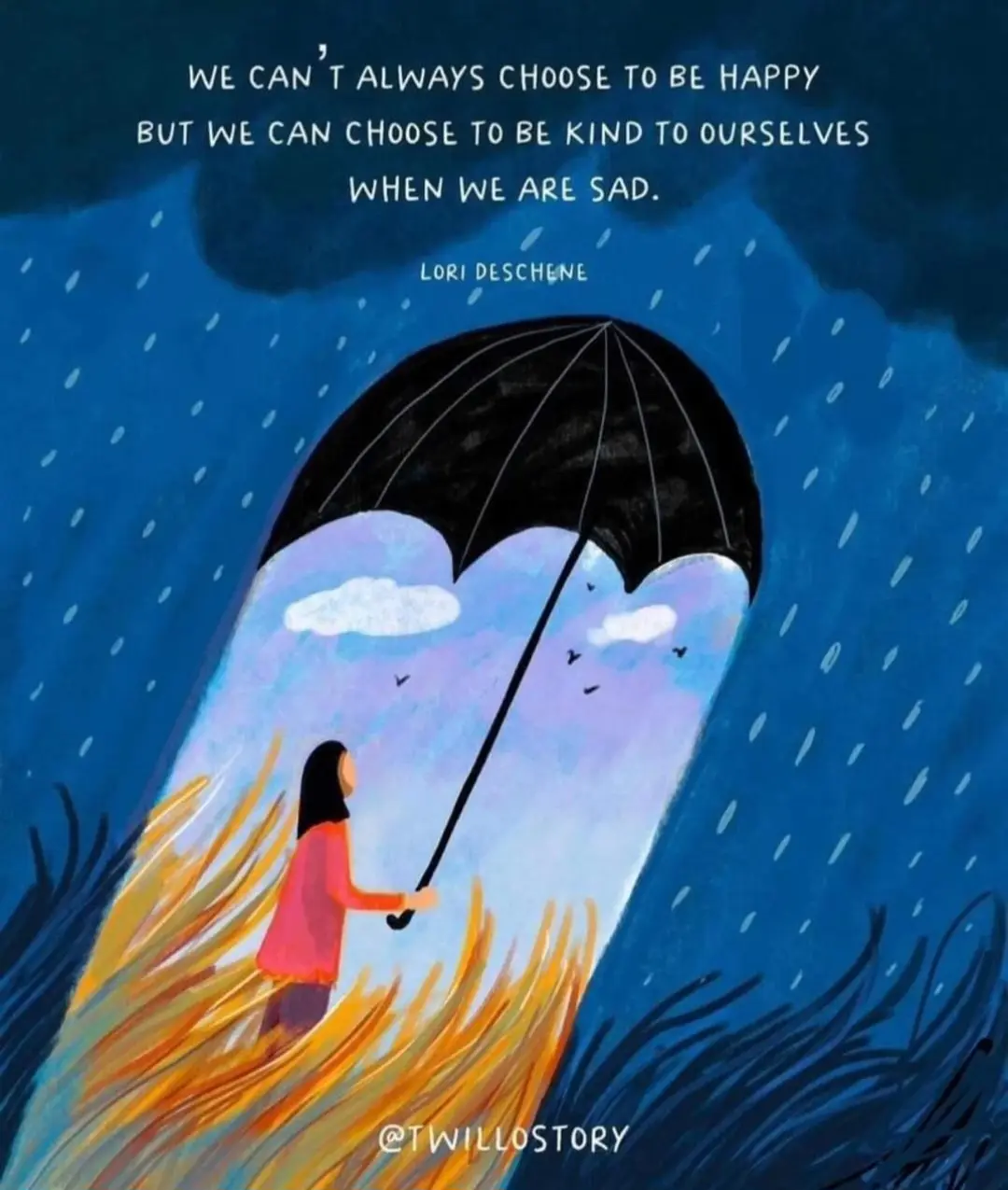 An illustration shows a person holding a black umbrella that creates a bright, sunny pocket of sky with clouds and birds…