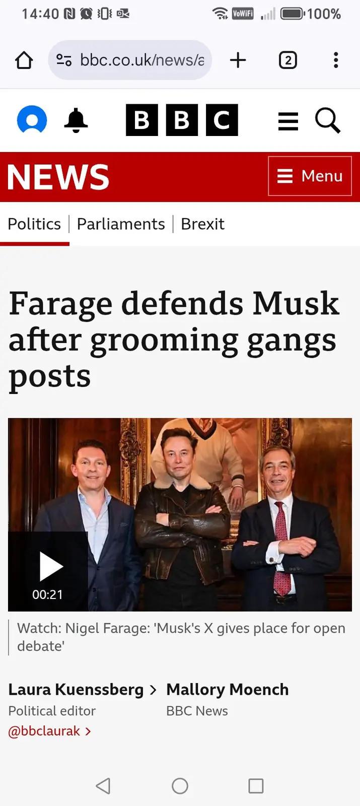 A screenshot of a BBC News article headline reading 'Farage defends Musk after grooming gangs posts' above a photo of three…