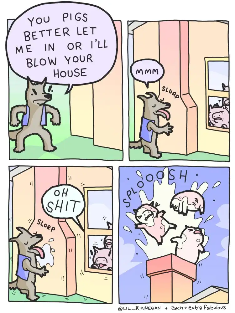 A four-panel comic strip shows a wolf threatening pigs with a house explosion, then licking a window and accidentally…
