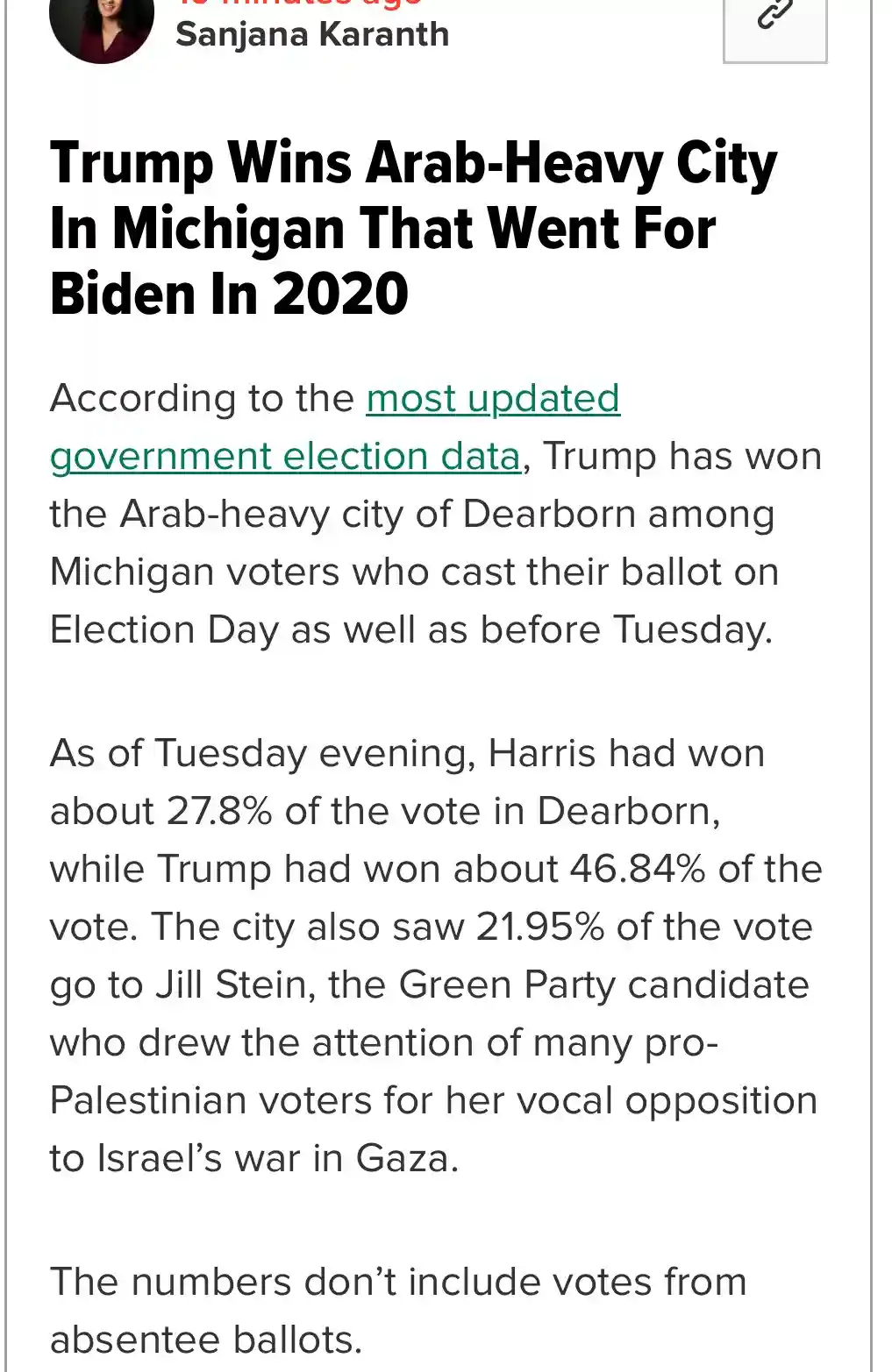 A screenshot of a news article by Sanjana Karanth titled 'Trump Wins Arab-Heavy City In Michigan That Went For Biden In…
