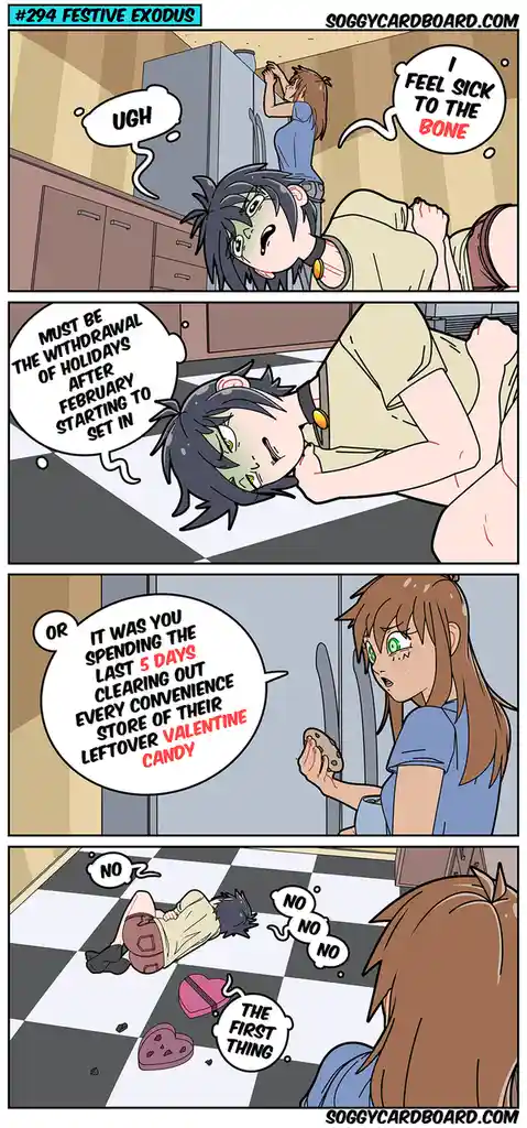 A four-panel comic shows a sick-looking person lying on a checkered floor, blaming their illness on post-holiday withdrawal…