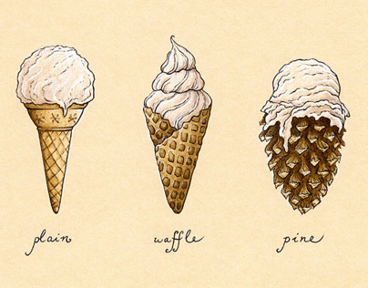 An illustrated image shows three ice cream cones side by side on a beige background. The left cone is a standard waffle cone…