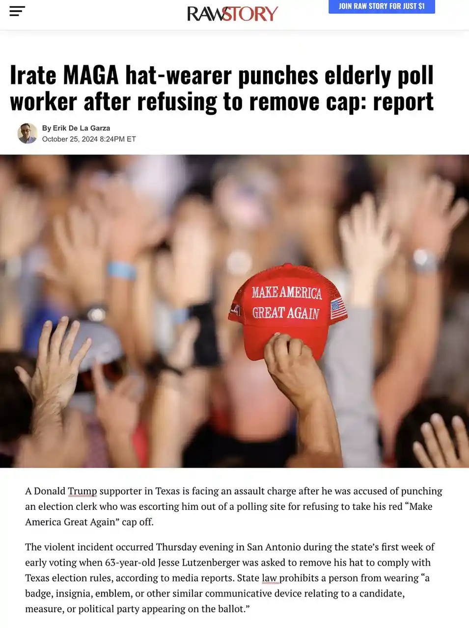 A screenshot of a Raw Story news article shows a red 'Make America Great Again' cap being held up by a person in a crowd…