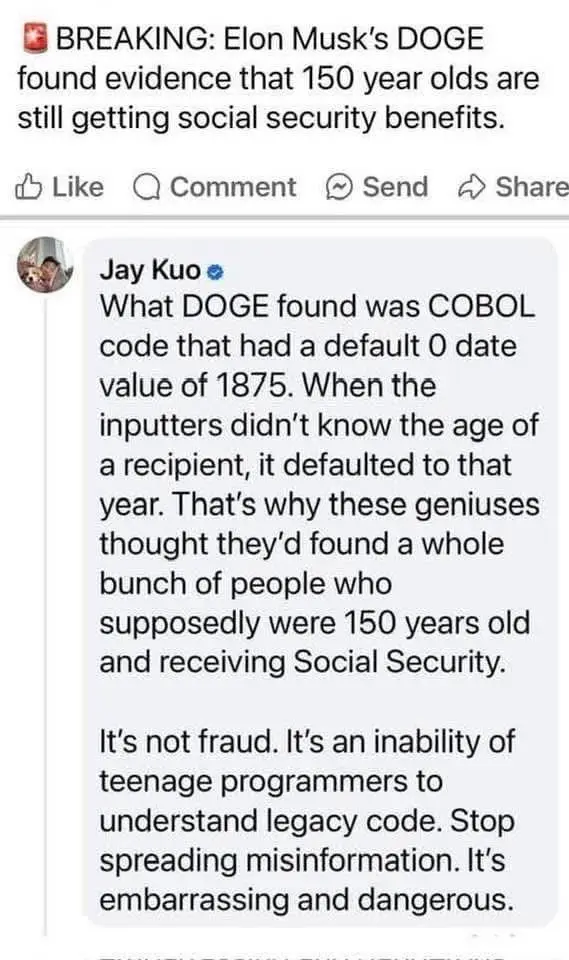 A screenshot of a Facebook post with a breaking news headline about 'Elon Musk's DOGE' finding 150-year-olds receiving…