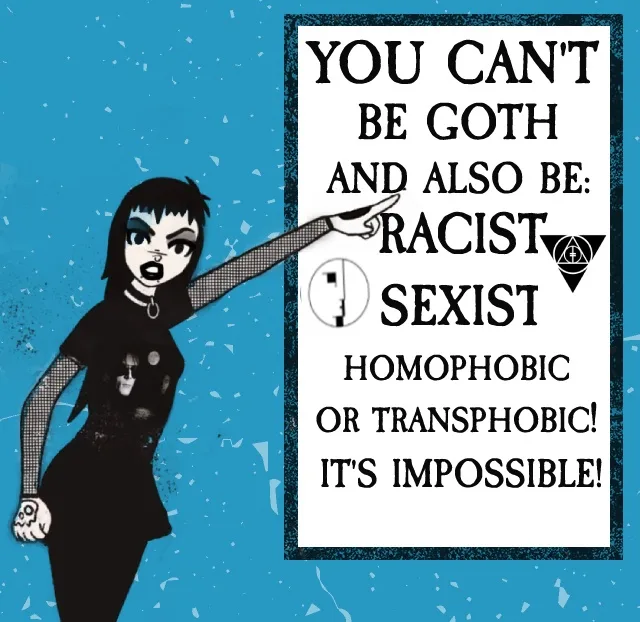 A stylized cartoon goth woman with dark hair, heavy makeup, and black clothing points angrily at a white sign. The sign…