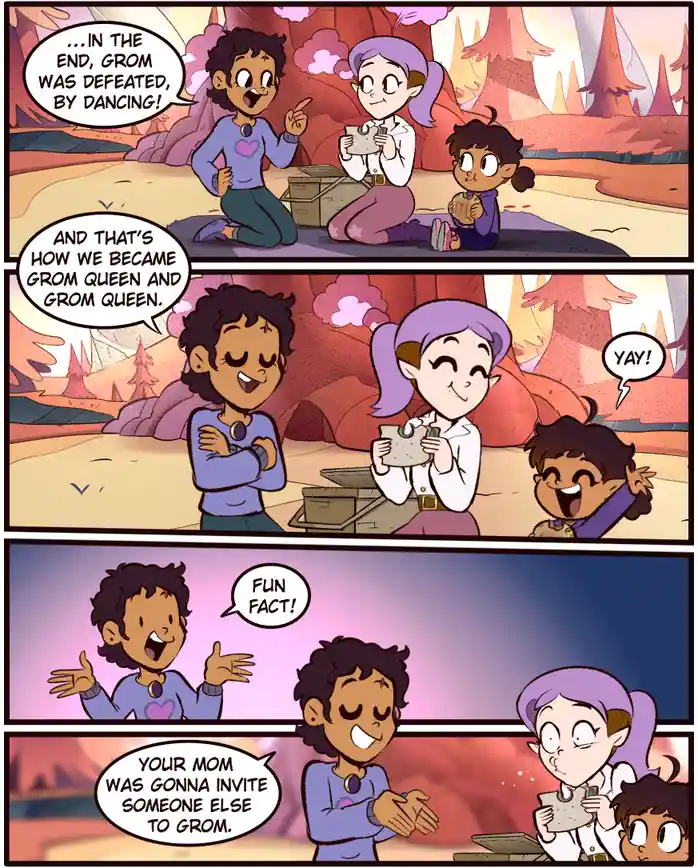 A four-panel comic strip featuring three animated characters in a fantasy setting. In the first panel, a character excitedly…