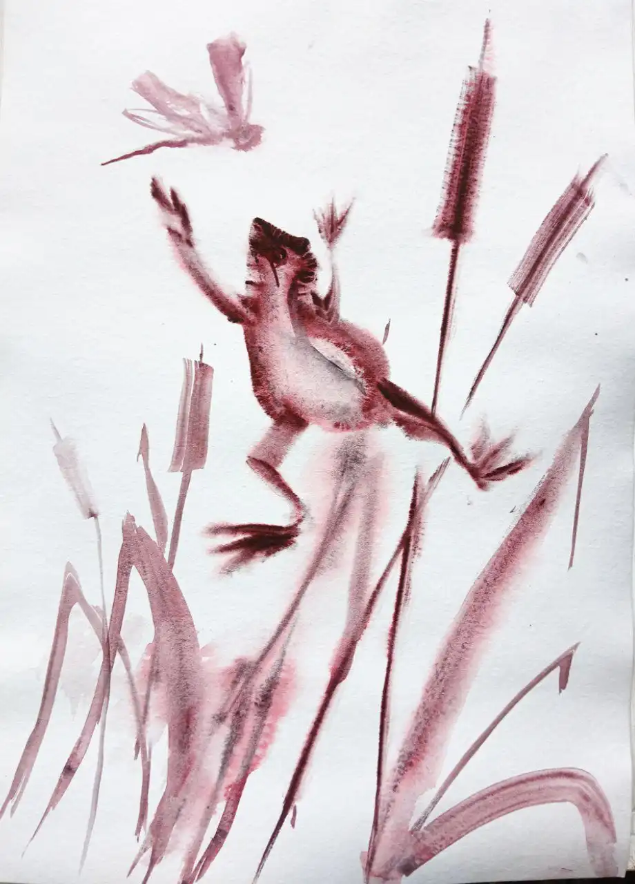 A watercolor painting in reddish-brown tones depicts a frog-like creature standing upright among reeds, arms raised as if…