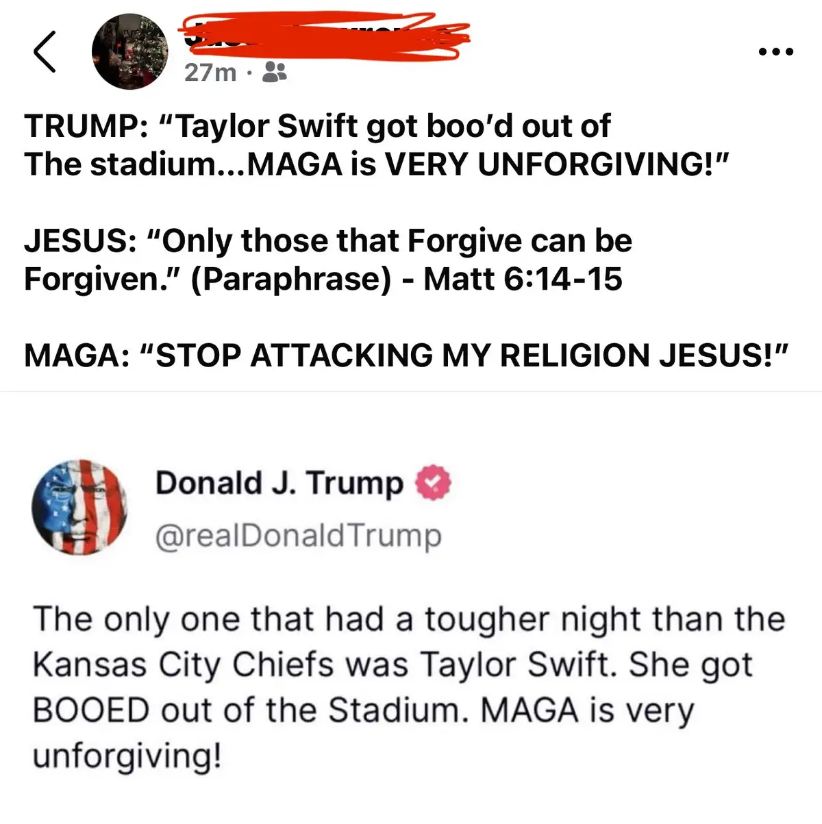 A screenshot of a social media post by Donald J. Trump, where he claims Taylor Swift was booed out of a stadium and MAGA is…
