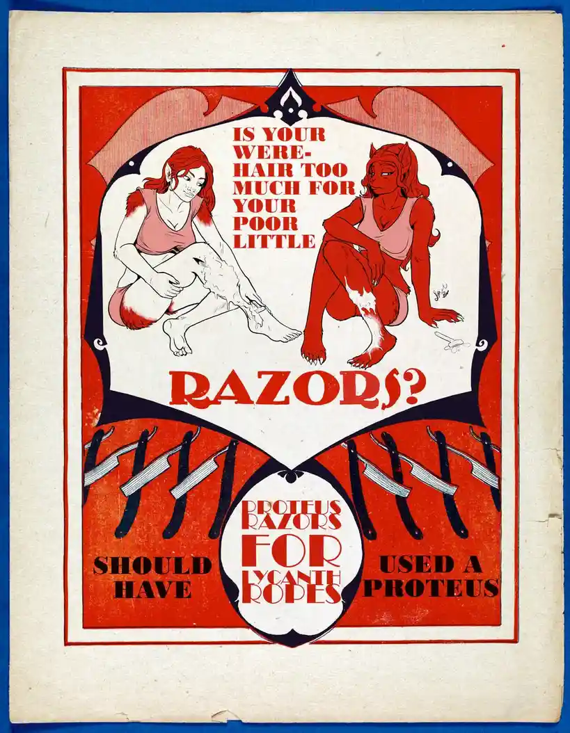 An illustrated vintage-style advertisement features two female werewolves, one with human-like legs and the other with…
