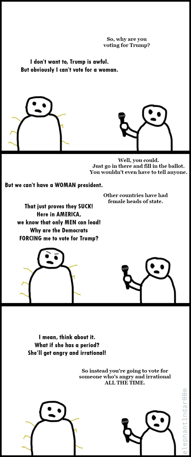 A three-panel comic featuring two stick figures. In the first panel, a man explains he doesn't want to vote for Trump but…