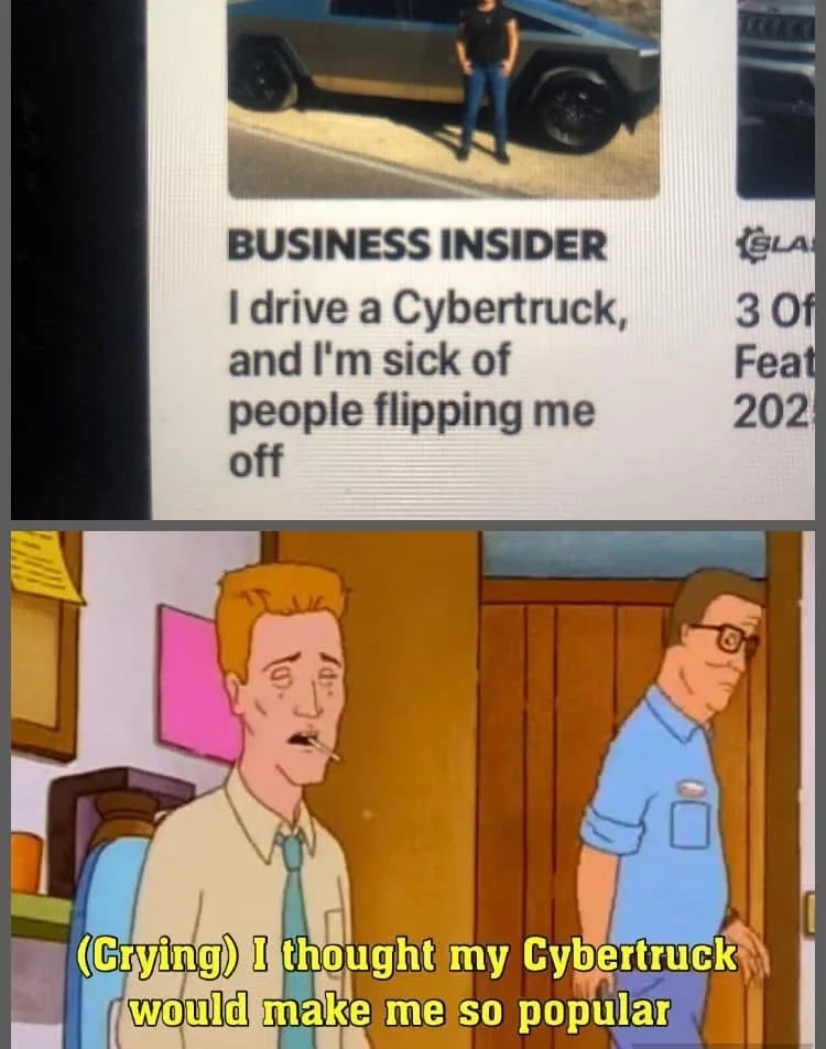 The image is a two-panel meme. The top panel shows a screenshot of a Business Insider article with the headline 'I drive a…
