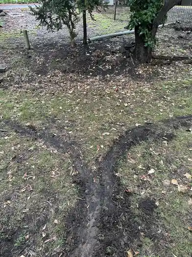 A photo of a muddy, rutted path through a grassy yard with scattered leaves, trees, and a fence in the background. Overlaid…