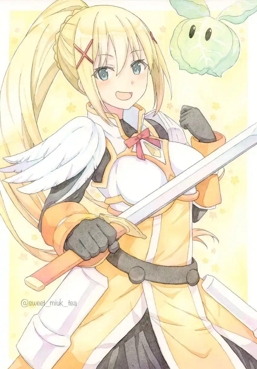An anime-style illustration of a cheerful blonde girl with angel wings, holding a sword, and a smiling cabbage floating…