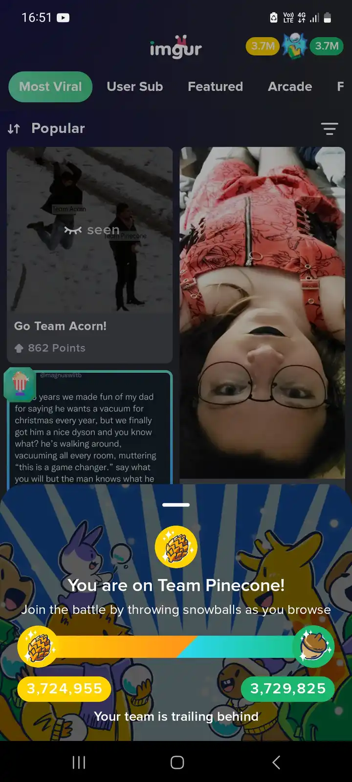 The image shows a screenshot of the Imgur app's 'Most Viral' section, featuring a 'Team Pinecone' vs 'Team Acorn' snowball…