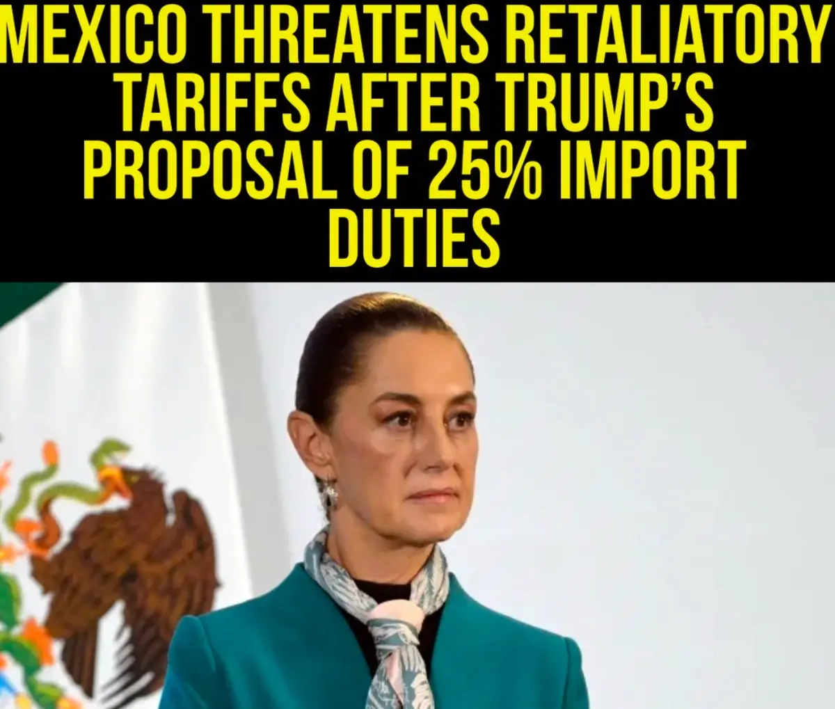 A woman in a teal blazer and patterned scarf stands in front of a Mexican flag, looking serious. The overlaid text reads…
