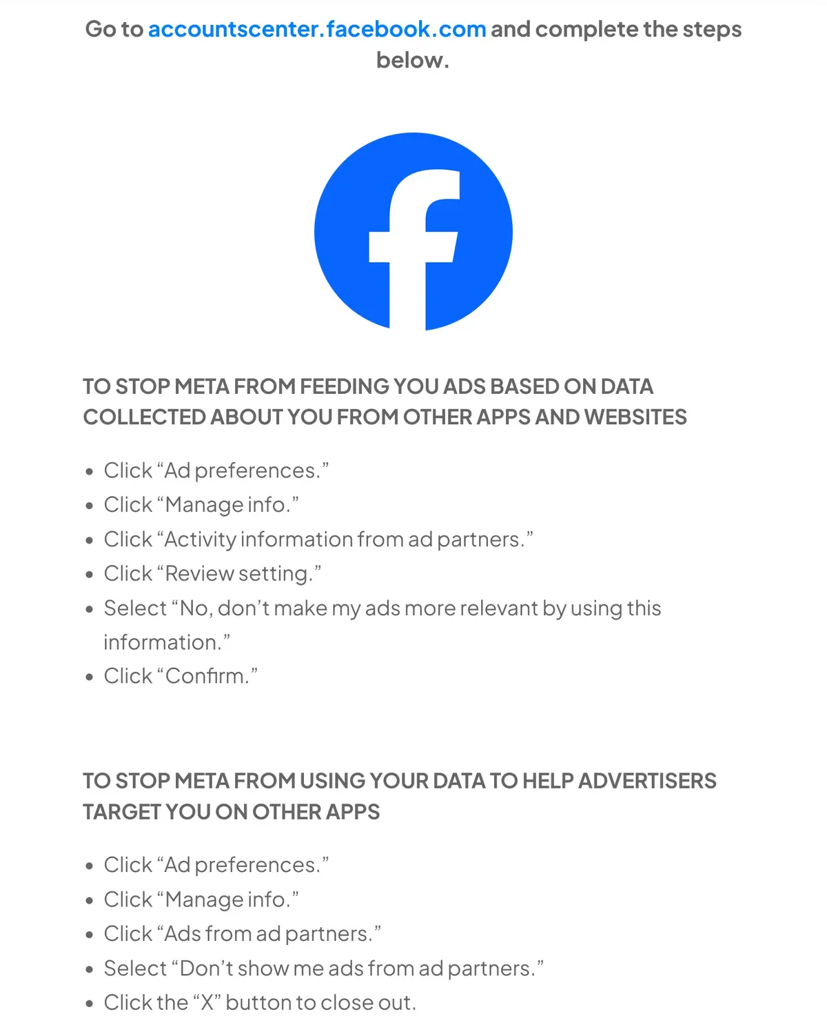 The image displays a Facebook account settings page with instructions to stop Meta from using data for targeted ads. It…