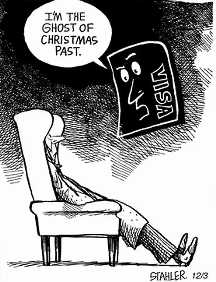 A black-and-white cartoon depicts a ghostly figure shaped like a Visa credit card with a face, floating near a seated man in…