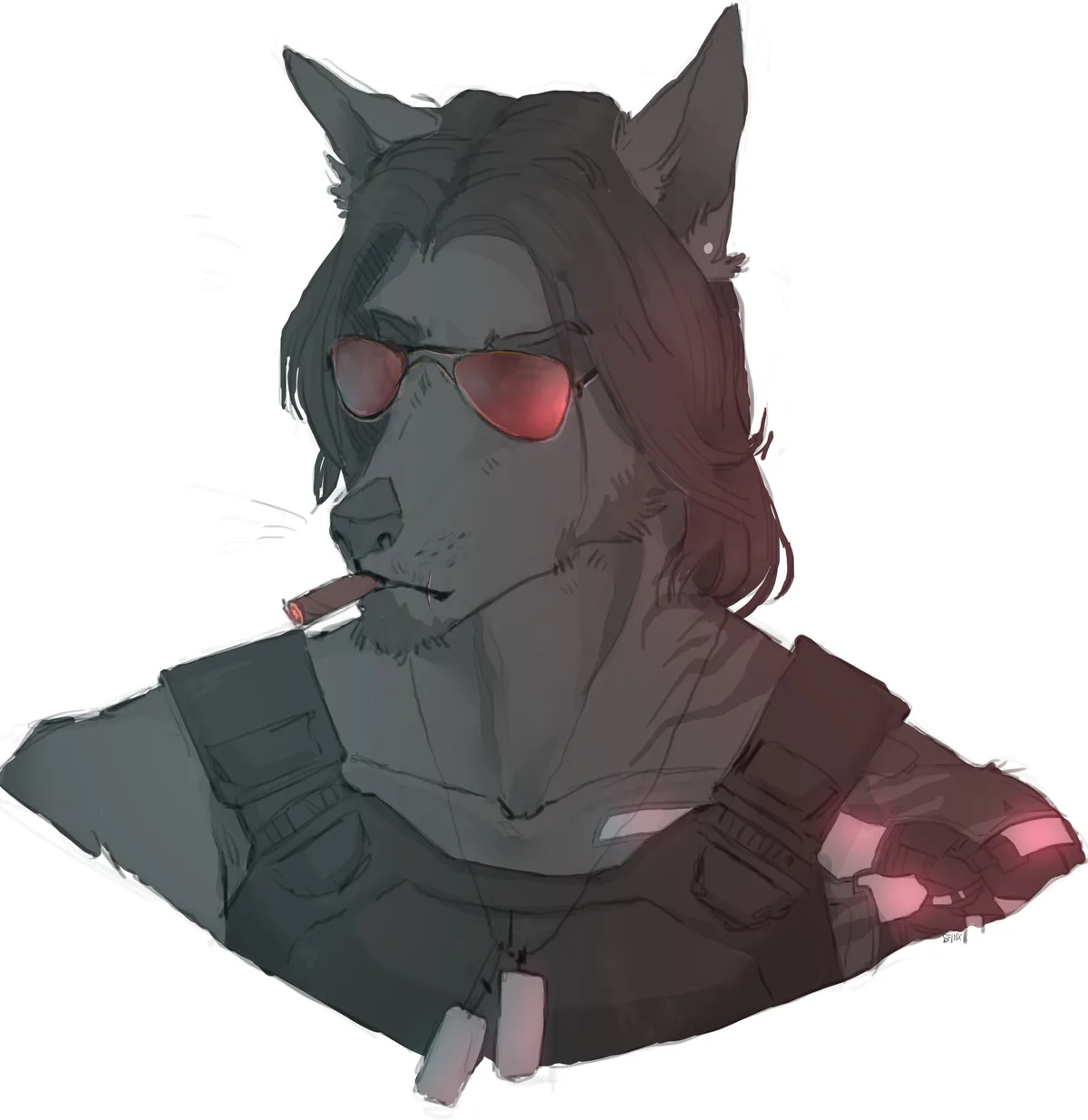 A stylized digital illustration of an anthropomorphic canine character with dark fur, wearing red-tinted sunglasses and a…