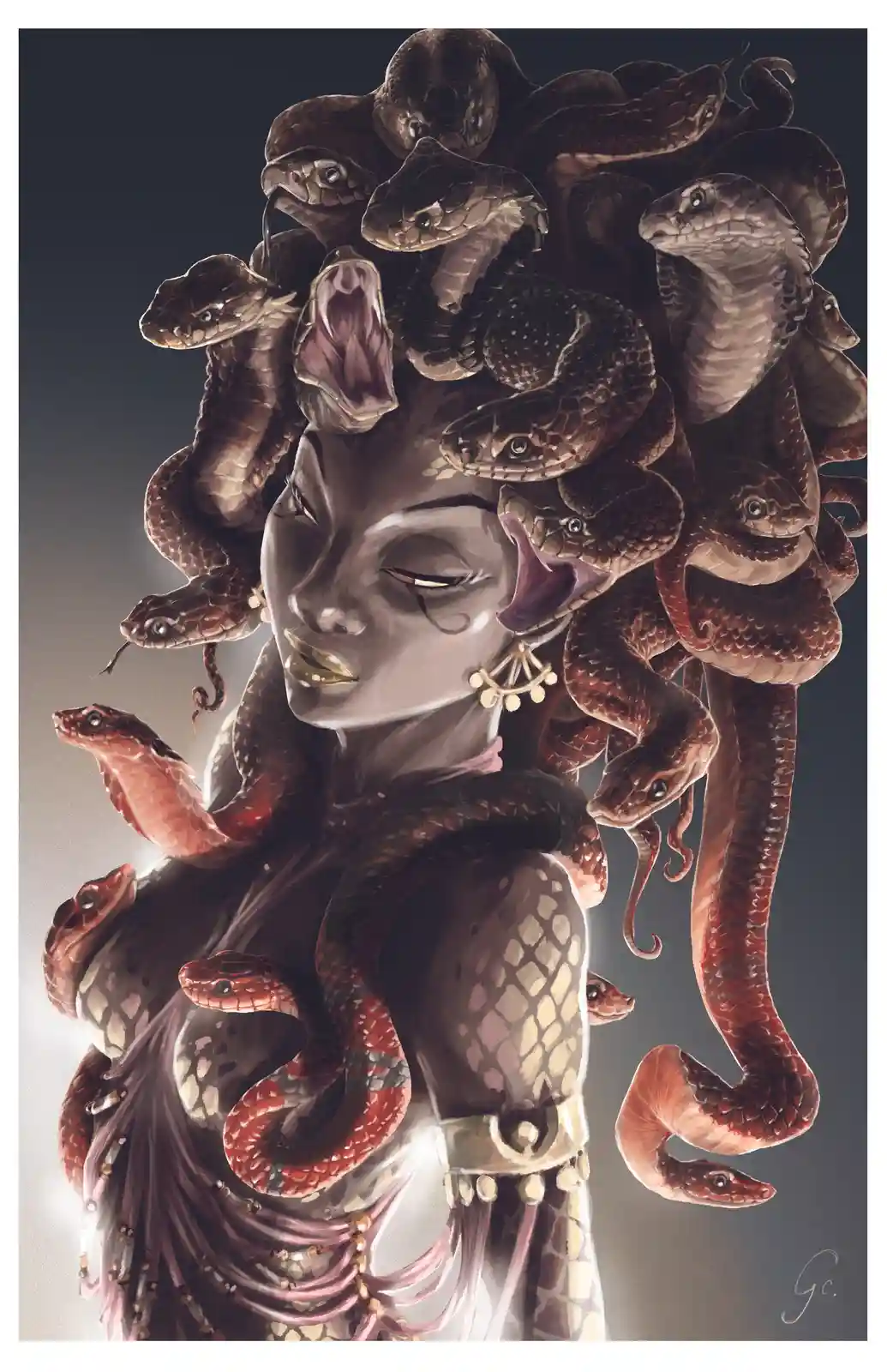 A stylized illustration of the mythological figure Medusa, depicted with a serene, closed-eyed expression and golden lips…