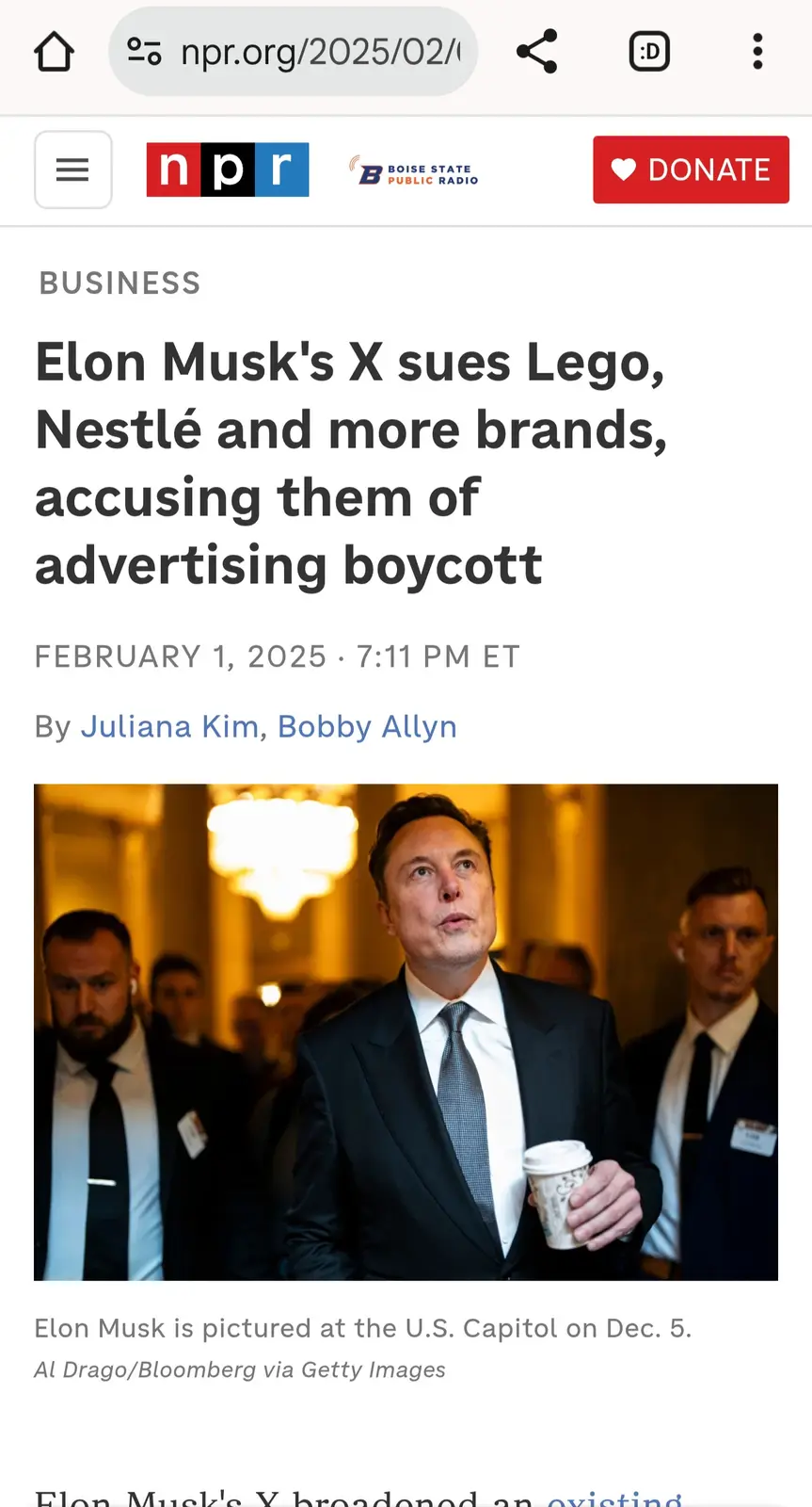 A screenshot of an NPR news article from February 1, 2025, featuring a photo of Elon Musk in a suit holding a coffee cup…