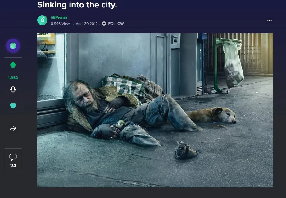 A visibly tired, bearded man in worn clothes lies asleep on a city sidewalk, leaning against a building, with a dog resting…